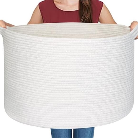 White Cotton Rope Storage Basket, 22" X 22" X 14" Extra Large Blanket Storage - Picture 7 of 7